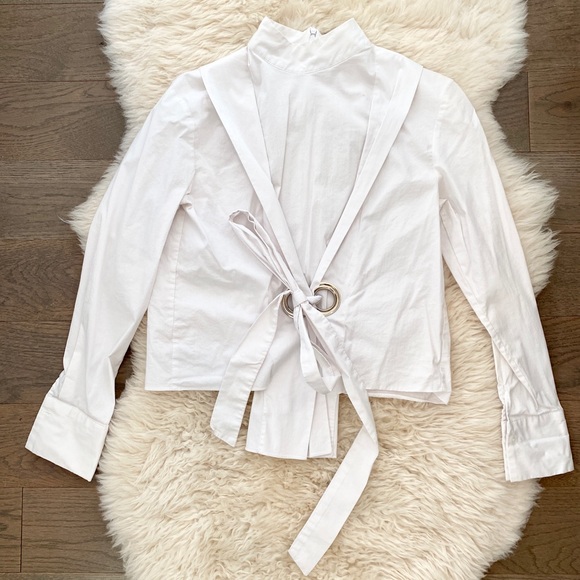 LOEIL White Mock Neck Oversized Grommet Blouse - Picture 3 of 7